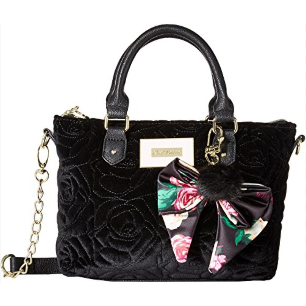 Betsey Johnson Black Velvet Crossbody Satchel with Floral Bow